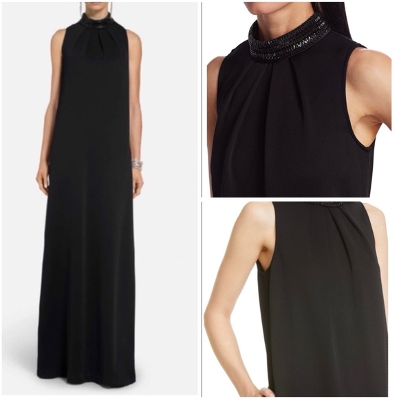 St. John Evening Size 12 Embellished Liquid Milano Knit Mock Neck Gown Black - Picture 1 of 16